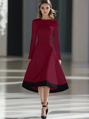 Elegant Long Sleeve Round Neck Midi Dress for Women - Burgundy & Black Contrast, Cinched Waist, Flowy A-Line Silhouette, Perfect for Casual or Formal Occasions, Evening Wear | Elegant Midi Dress | Cinched Waist Design, Long S