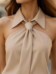 Elegant Beige Sleeveless Tie-Neck Blouse with Ruffled Hem - Chic Solid Color Shirt for Women, Perfect for Travel & Vacation Outfits, Versatile Fashion Piece, Sophisticated Design, Highquality Fabric