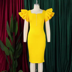 Elegant Dresses For Woman 2025 New Square Neck Ruffles Sleeve Solid Sheath Mid Calf High Quality Ladies Birthday Party Dinner Wear Vestidos Mujer Clothes Wholesale