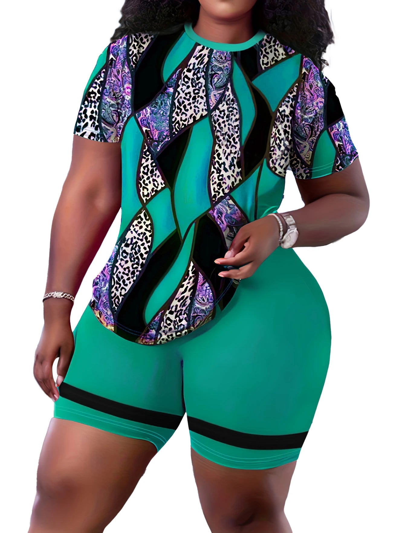 Plus Size New Morning Exercise Clothes, Casual Outfits Set, Women's Leopard Print Short Sleeve Top & Biker Shorts 2 Piece Suit SHOWLU FASHION STORE