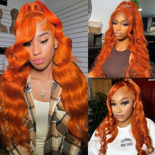 Ginger Orange Body Wave 13x6 Transparent Lace Front Wig Human Hair for Women #350 Colored Pre Plucked Natural Hairline 200% SHOWLU FASHION STORE