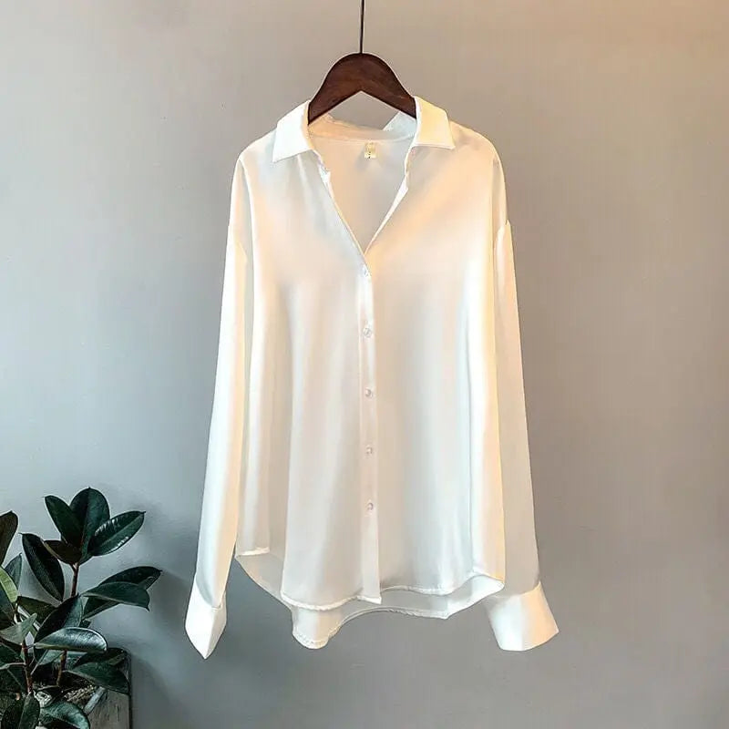 Showlu Fashion Store 0 white / L 53-57kg Autumn 2022 Womens Clothing Silk Shirt Vintage Blouse Women Sheer Top Women Long Sleeve Dress Shirt Plus Size Women Overshirt