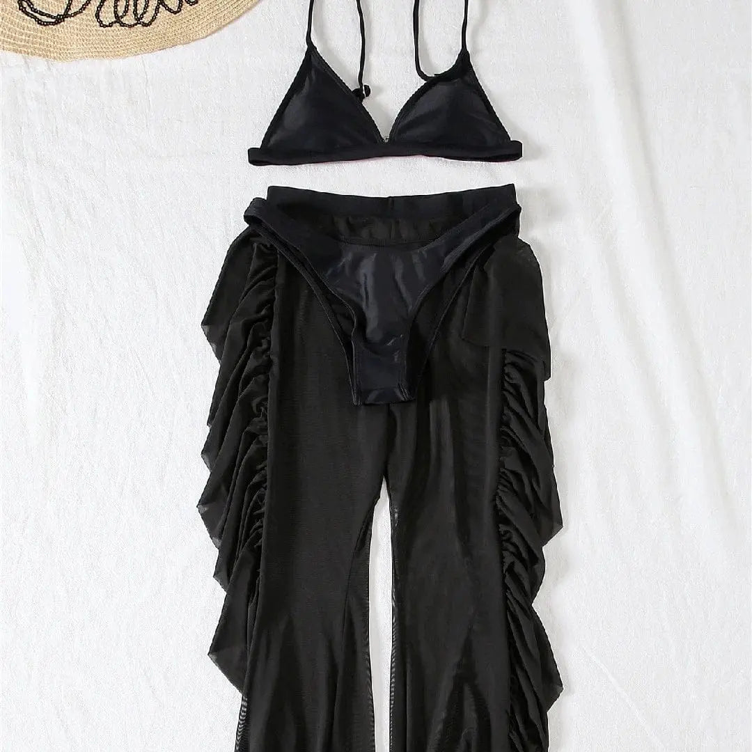 Chic Three - Piece Frill Bikini Set with See - Through Trousers - SHOWLU FASHION STORE