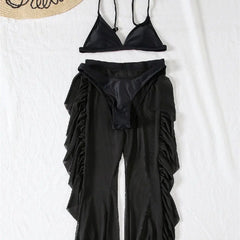 Chic Three - Piece Frill Bikini Set with See - Through Trousers - SHOWLU FASHION STORE