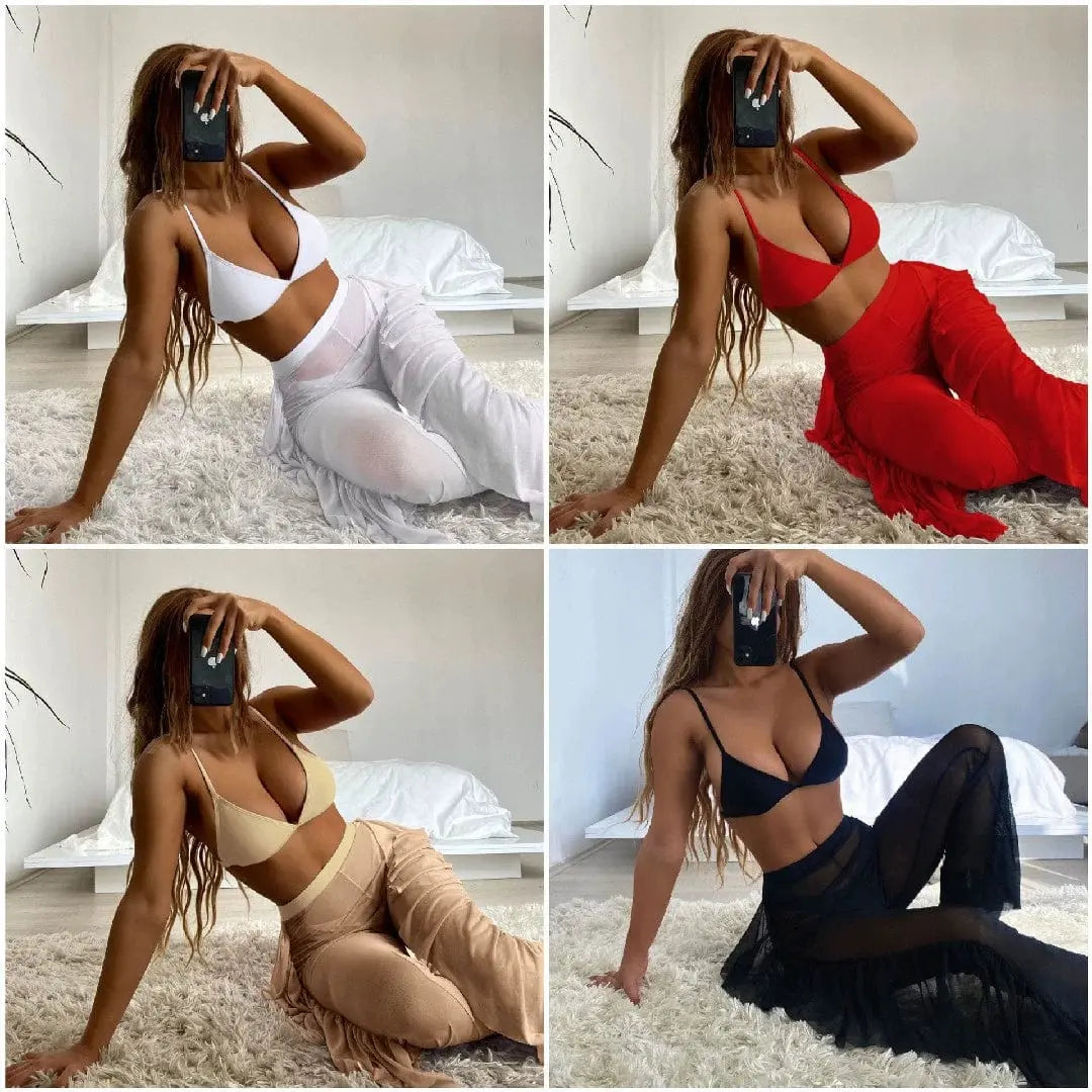Chic Three - Piece Frill Bikini Set with See - Through Trousers - SHOWLU FASHION STORE