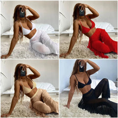 Chic Three - Piece Frill Bikini Set with See - Through Trousers - SHOWLU FASHION STORE
