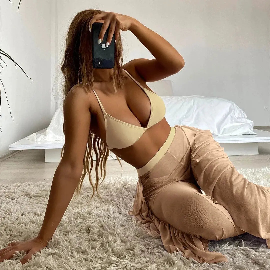 Chic Three - Piece Frill Bikini Set with See - Through Trousers - SHOWLU FASHION STORE