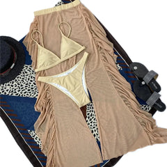 Chic Three - Piece Frill Bikini Set with See - Through Trousers - SHOWLU FASHION STORE