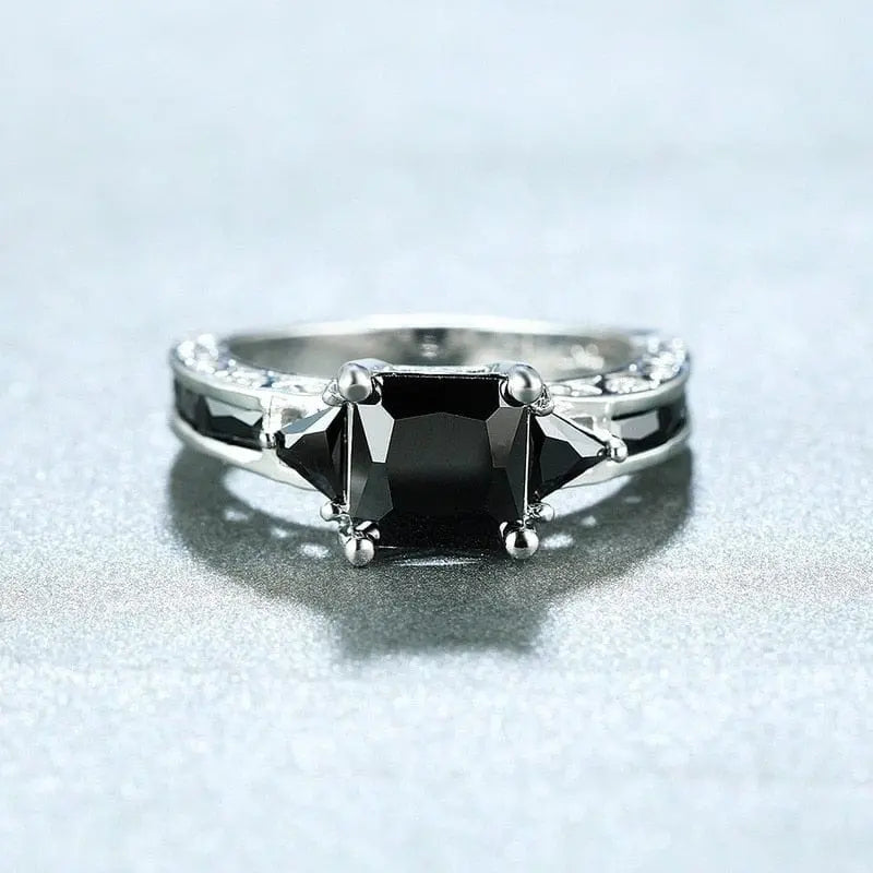 Showlu Fashion Store 0 Delicate Silver Color Trendy Ring for Women Elegant Princess Cut Inlaid Black Zircon Stones Wedding Ring Engagement Jewelry