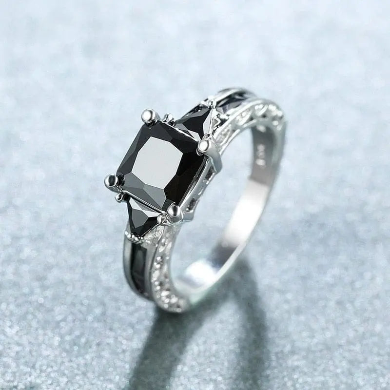 Showlu Fashion Store 0 Delicate Silver Color Trendy Ring for Women Elegant Princess Cut Inlaid Black Zircon Stones Wedding Ring Engagement Jewelry