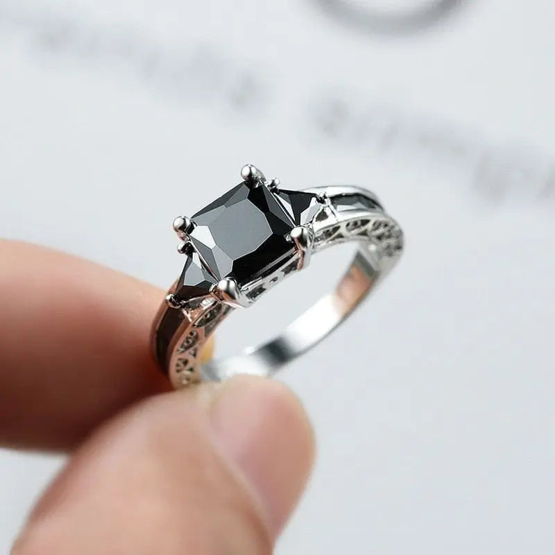 Showlu Fashion Store 0 Delicate Silver Color Trendy Ring for Women Elegant Princess Cut Inlaid Black Zircon Stones Wedding Ring Engagement Jewelry