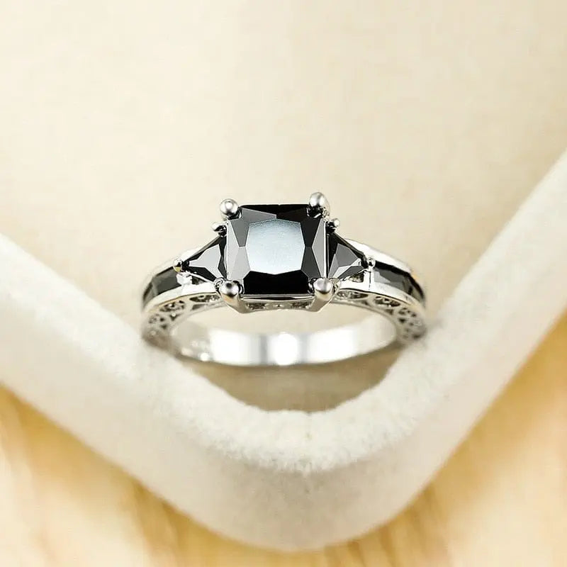 Showlu Fashion Store 0 Delicate Silver Color Trendy Ring for Women Elegant Princess Cut Inlaid Black Zircon Stones Wedding Ring Engagement Jewelry