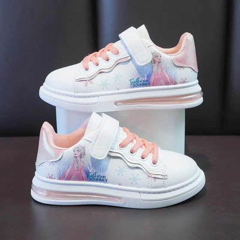 Showlu Fashion Store 0 Pink / 29-Insole 18 cm Disney Girls' White Shoes PU Leather Cartoon Princess Elsa Frozen Shoes Spring Girl Baby Waterproof Sports Shoes Flats Size 26-3