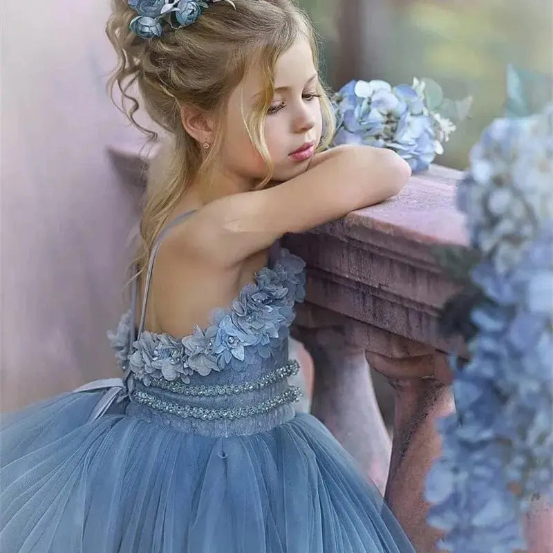 Dusty Blue Flower Girl Dresses for Weddings Robe De Mariage Kids Pageant Gowns Tulle Ruffled First Communion Dress - SHOWLU FASHION STORE