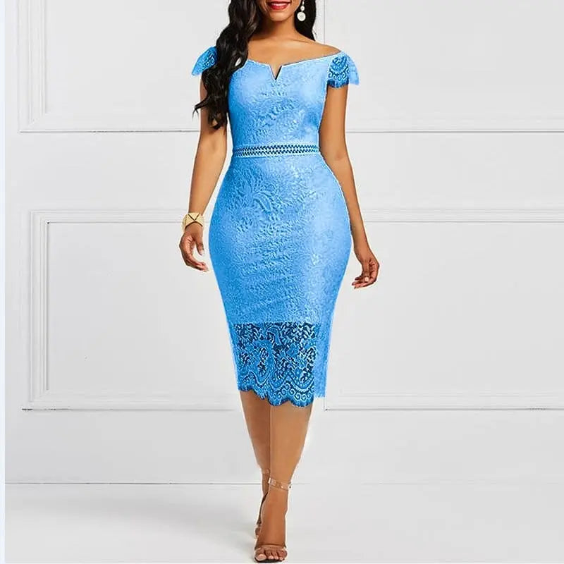 Showlu Fashion Store 0 Blue / S Elegant Lace Evening Wedding Party Dress for Women Sexy Hollow Out Office Ladies Bodycon Dresses Fashion Birthday Club Vestidos