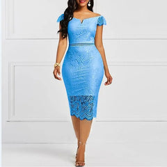 Showlu Fashion Store 0 Blue / S Elegant Lace Evening Wedding Party Dress for Women Sexy Hollow Out Office Ladies Bodycon Dresses Fashion Birthday Club Vestidos