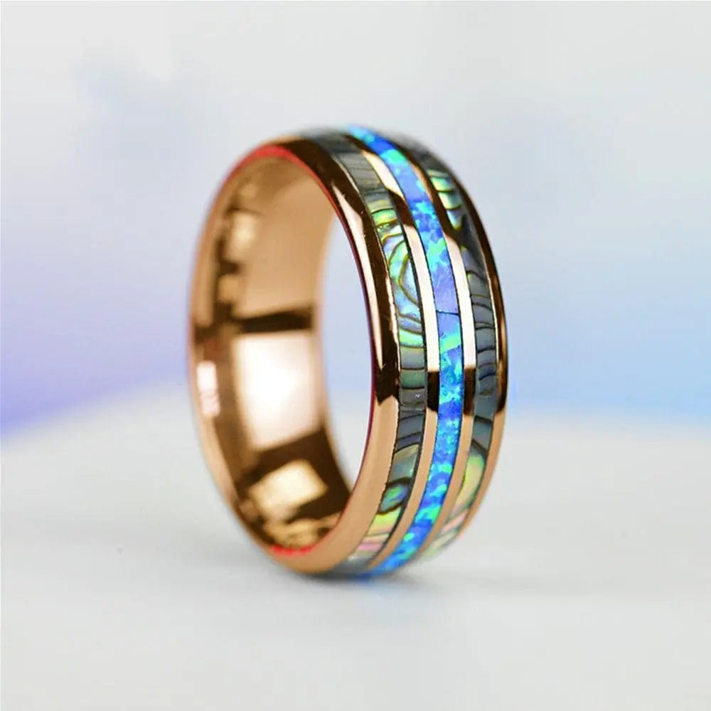Showlu Fashion Store 0 6 / Rose Gold Color / China Fashion 8mm Rose Gold Color Tungsten Wedding Men Stainless Steel Rings Inlay Abalone Shell Blue Opal Rings Men Wedding Jewelry