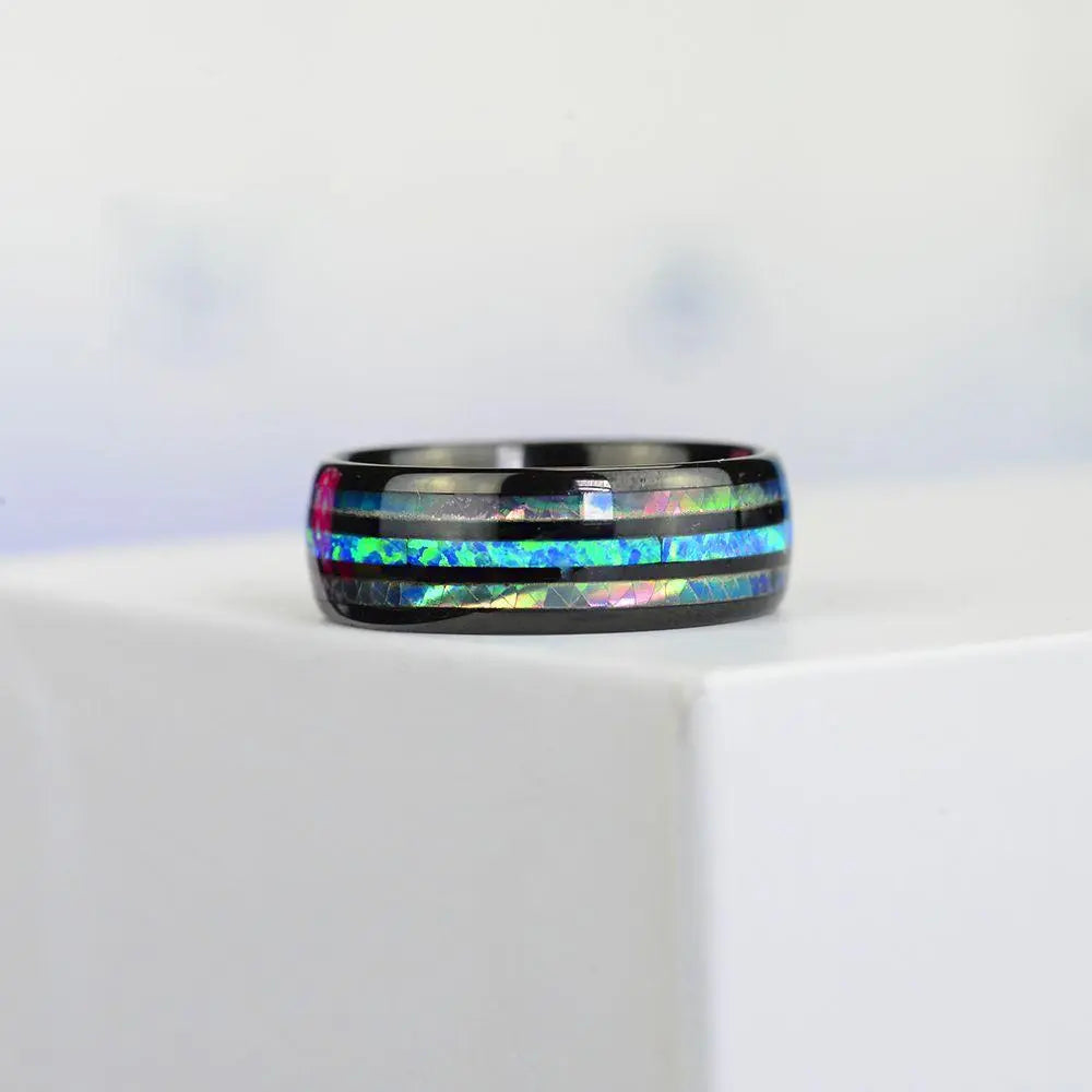 Showlu Fashion Store 0 Fashion 8mm Rose Gold Color Tungsten Wedding Men Stainless Steel Rings Inlay Abalone Shell Blue Opal Rings Men Wedding Jewelry