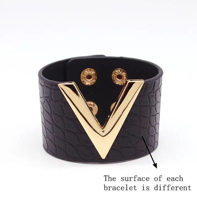 Showlu Store Nation 0 13 Fashion Leopard Leather Bracelet For Women Simple All-Match V Word Wide Charm Cuff Wrap Bracelet Femme Wristband Jewelry