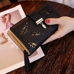 Showlu Fashion Store 0 Black Fashion PU Leather Wallet Purse Women Long Wallet Gold Hollow Leaves Pouch Handbag For Women Coin Purse Card Holders Clutch