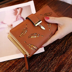 Showlu Fashion Store 0 Brown Fashion PU Leather Wallet Purse Women Long Wallet Gold Hollow Leaves Pouch Handbag For Women Coin Purse Card Holders Clutch