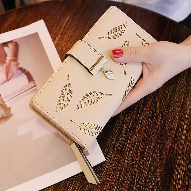 Showlu Fashion Store 0 Fashion PU Leather Wallet Purse Women Long Wallet Gold Hollow Leaves Pouch Handbag For Women Coin Purse Card Holders Clutch