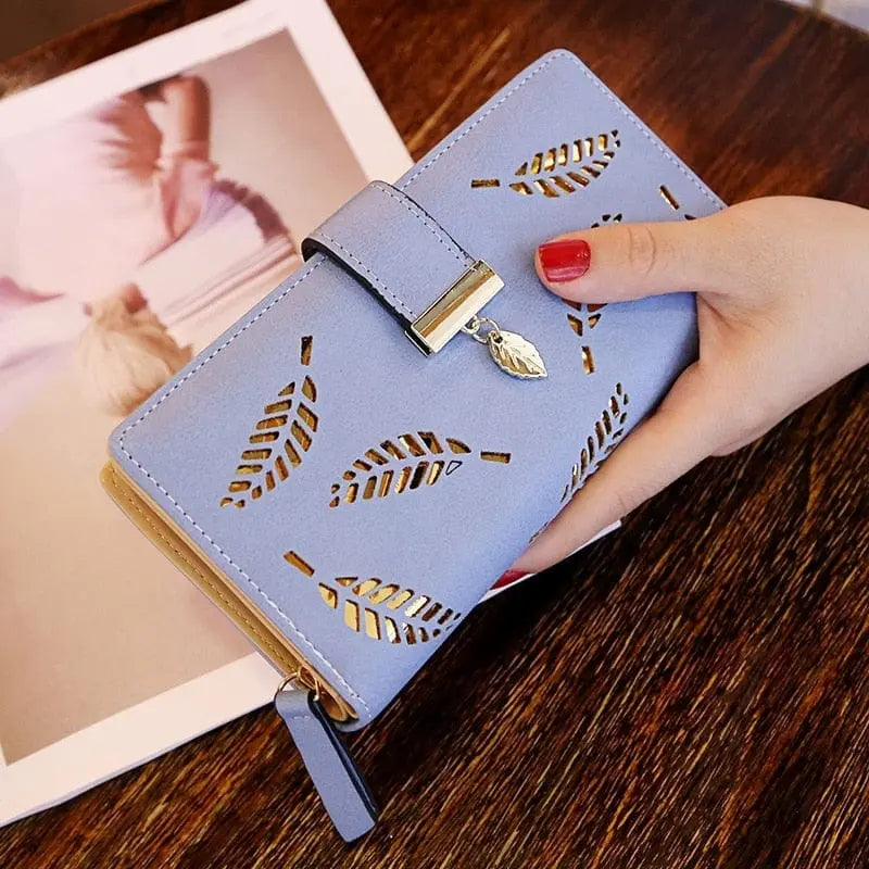 Showlu Fashion Store 0 Blue Fashion PU Leather Wallet Purse Women Long Wallet Gold Hollow Leaves Pouch Handbag For Women Coin Purse Card Holders Clutch