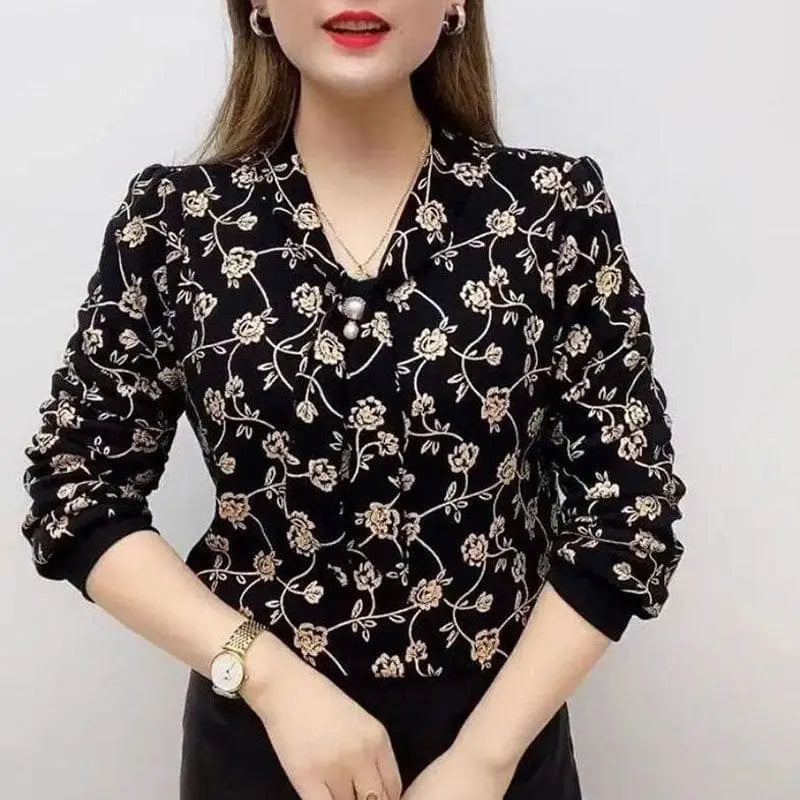 Showlu Fashion Store 0 Flower Color / L Female Clothing Wave Printed V-Neck Shirt Bandage Spring Autumn New Diamonds Chic Pearl Three-dimensional Decoration Blouse 2022