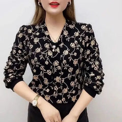 Showlu Fashion Store 0 Flower Color / L Female Clothing Wave Printed V-Neck Shirt Bandage Spring Autumn New Diamonds Chic Pearl Three-dimensional Decoration Blouse 2022