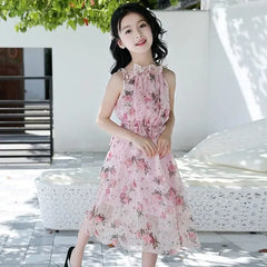 Showlu Fashion Store 0 Pink 1 / 4-5 Girls Flower Dress Kids Girl Beach Dresses Chiffon Kids Dresses Floral Teenager Girls Clothes 6 8 10 12 14 Year