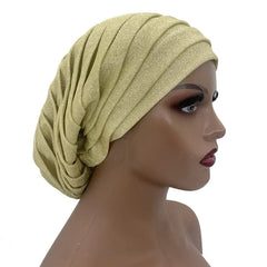 Glitter Full Body Pleated Turban Cap for Women 2023 Lady Head Wraps Muslim Headscarf Hat Turbante Mujer African Headpiece - SHOWLU FASHION STORE