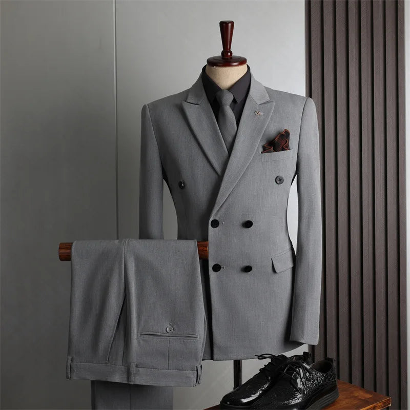 S-7XL New Business Men's Solid Double Breasted Luxury Suits Gentleman Slim Wedding Suit Two-piece Suit Men Blazer+pants
