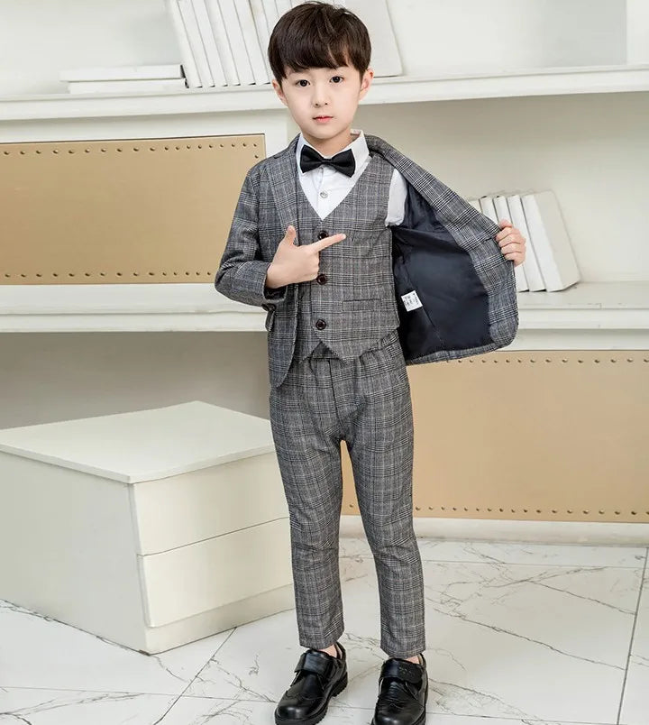 Flower Boys Formal Wedding Suit Kids England Style Blazer+Pant+Waistcoat 4Pcs Suit for Boys Kids Party Host Costume