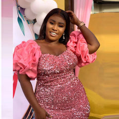 Aso Ebi Plus Size Mermaid Dress - Sequined with High Split & Puffy Sleeves for Glamorous Occasions