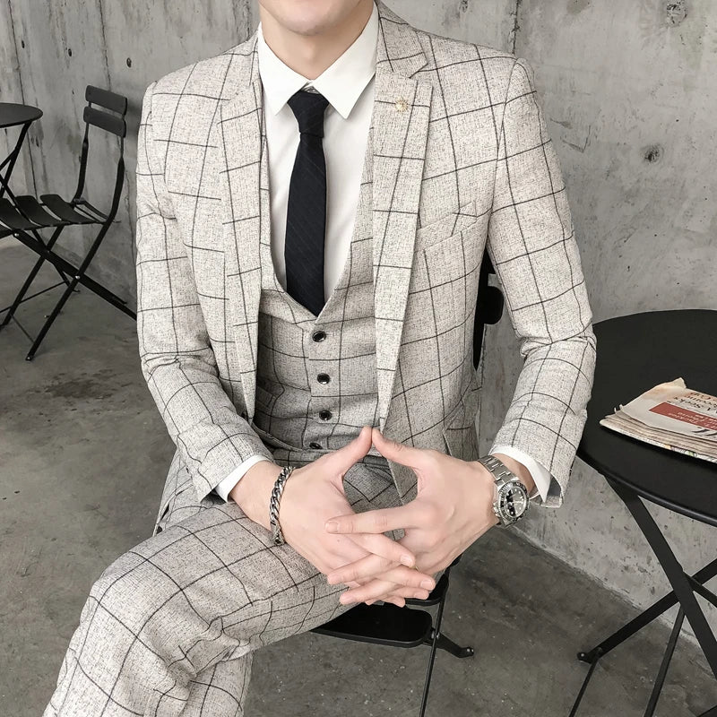 ( Jacket + Vest + Pants ) Men's Fashion Boutique Plaid Formal Business Suit Slim Plaid Wedding Mens Suit Beige Gray Black Blue