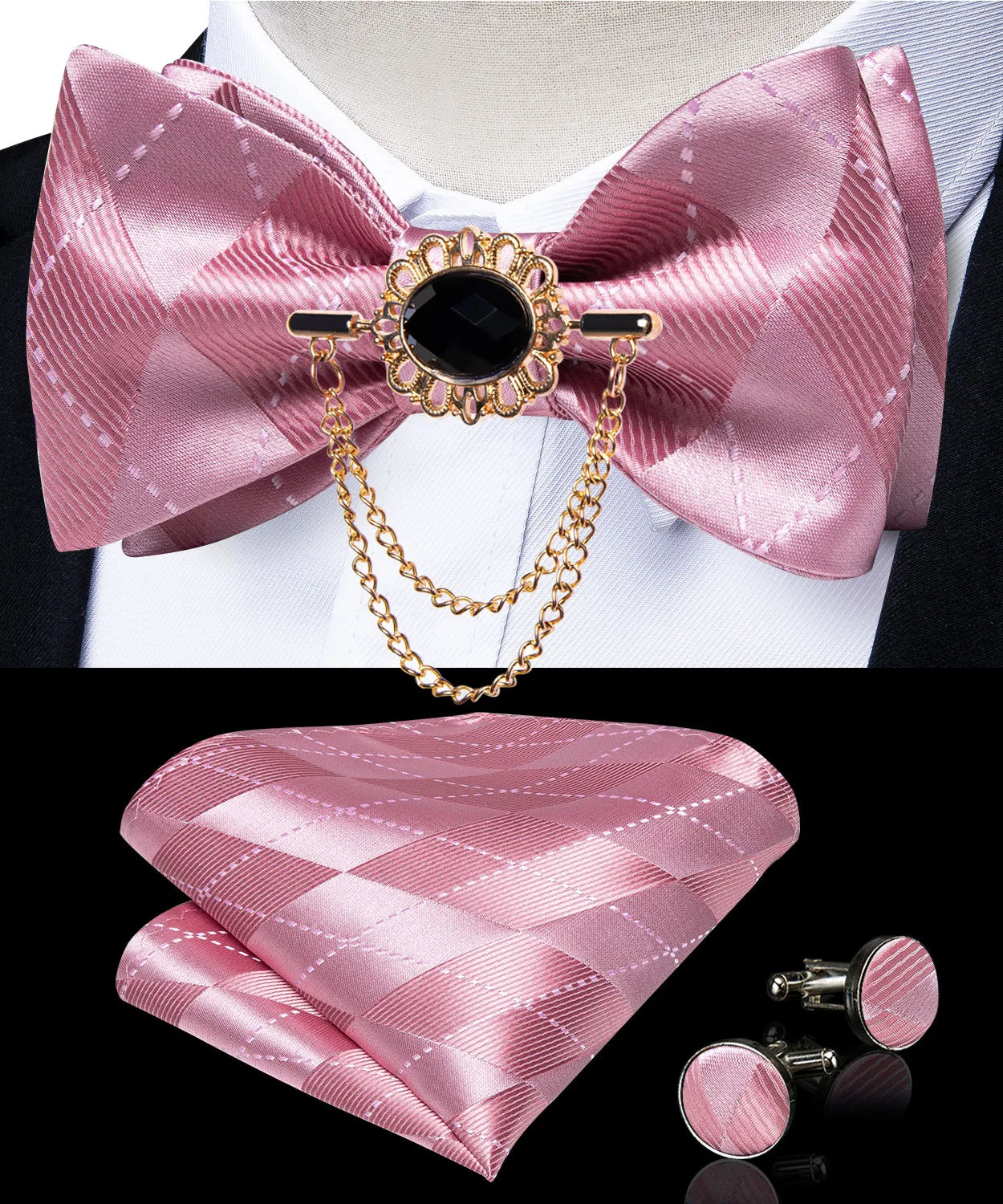 Pink Plaid Solid Men's Self Tie Bow Tie Silk Jacquard Woven Wedding Party Bowtie Hanky Brooch Set Men Butterfly Necktie DiBanGu SHOWLU FASHION STORE