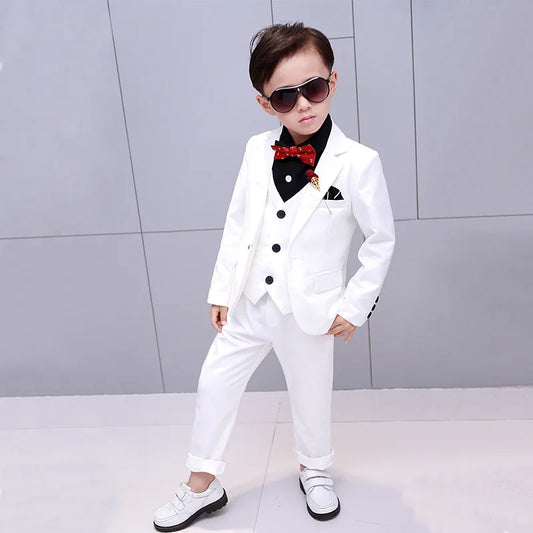 Flower Boys Formal Wedding Suit Kids England Style Blazer+Pant+Waistcoat 4Pcs Suit for Boys Kids Party Host Costume