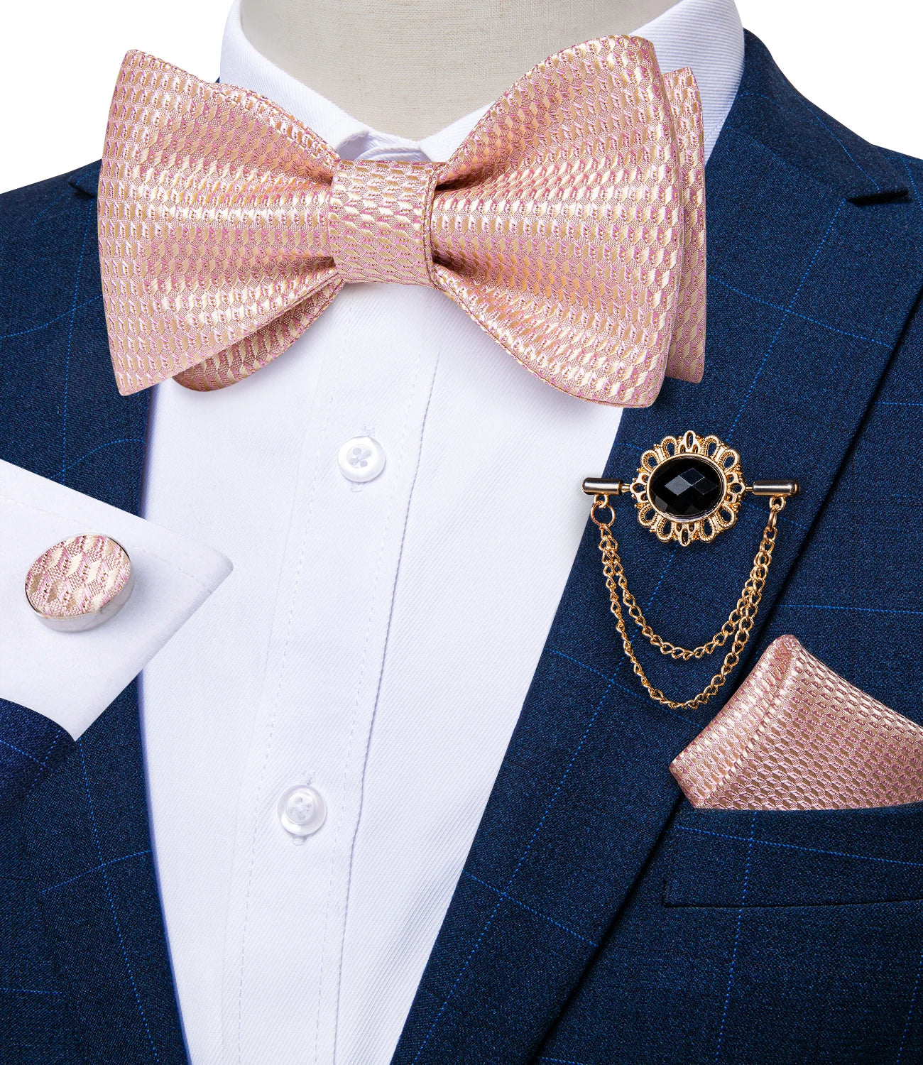 Pink Plaid Solid Men's Self Tie Bow Tie Silk Jacquard Woven Wedding Party Bowtie Hanky Brooch Set Men Butterfly Necktie DiBanGu SHOWLU FASHION STORE
