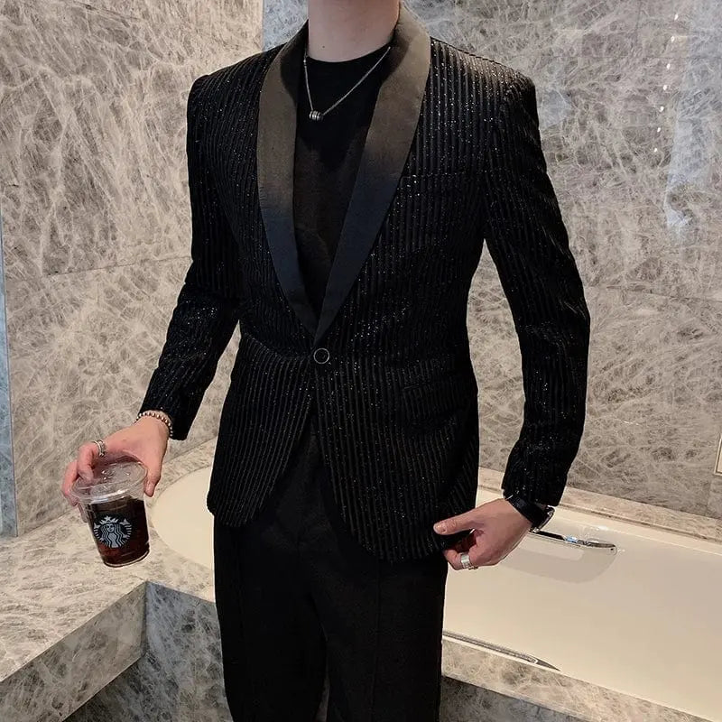 Internet Celebrity Casual Handsome Sequined Striped Black Suit - SHOWLU FASHION STORE