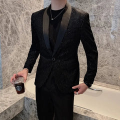 Internet Celebrity Casual Handsome Sequined Striped Black Suit - SHOWLU FASHION STORE