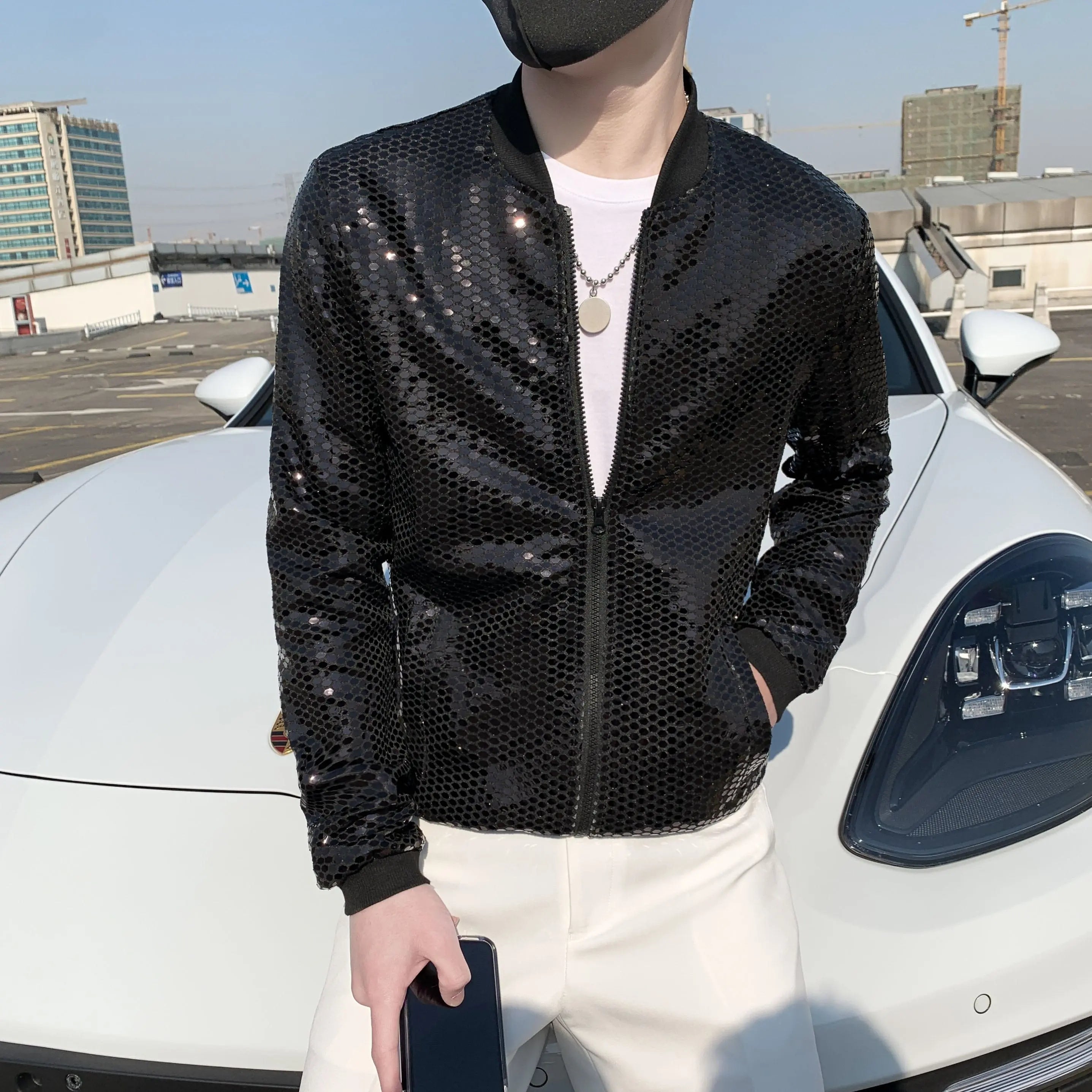 Showlu Fashion Store 0 A77 Black Sequined / M 45-55kg Jas Men's New Diamond Plaid Jackets Men Hip Hop Y2K Bombers Jacket Night Club Stage Streetwear Thin Coat Clothing Veste Homme