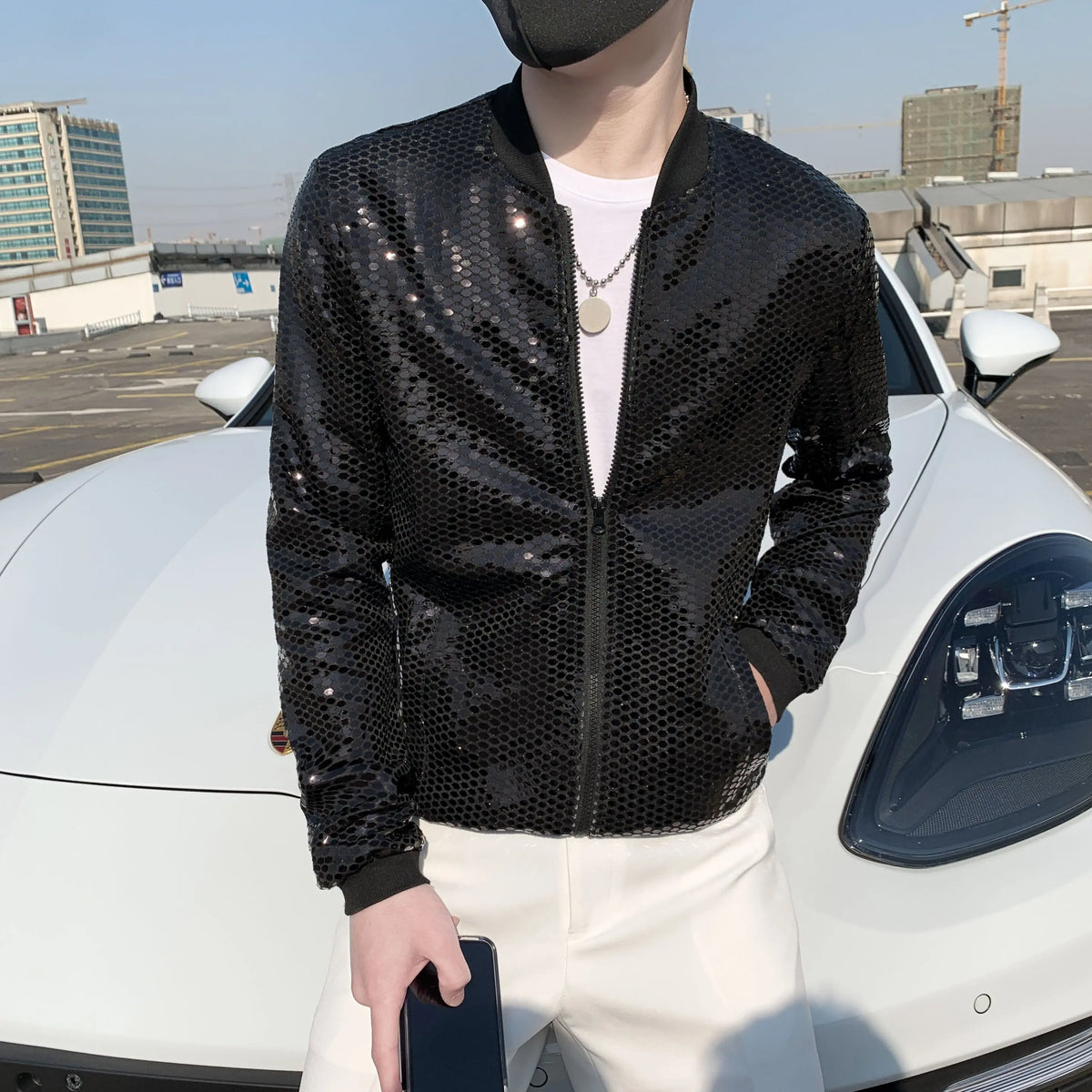 Showlu Fashion Store 0 A77 Black Sequined / M 45-55kg Jas Men's New Diamond Plaid Jackets Men Hip Hop Y2K Bombers Jacket Night Club Stage Streetwear Thin Coat Clothing Veste Homme