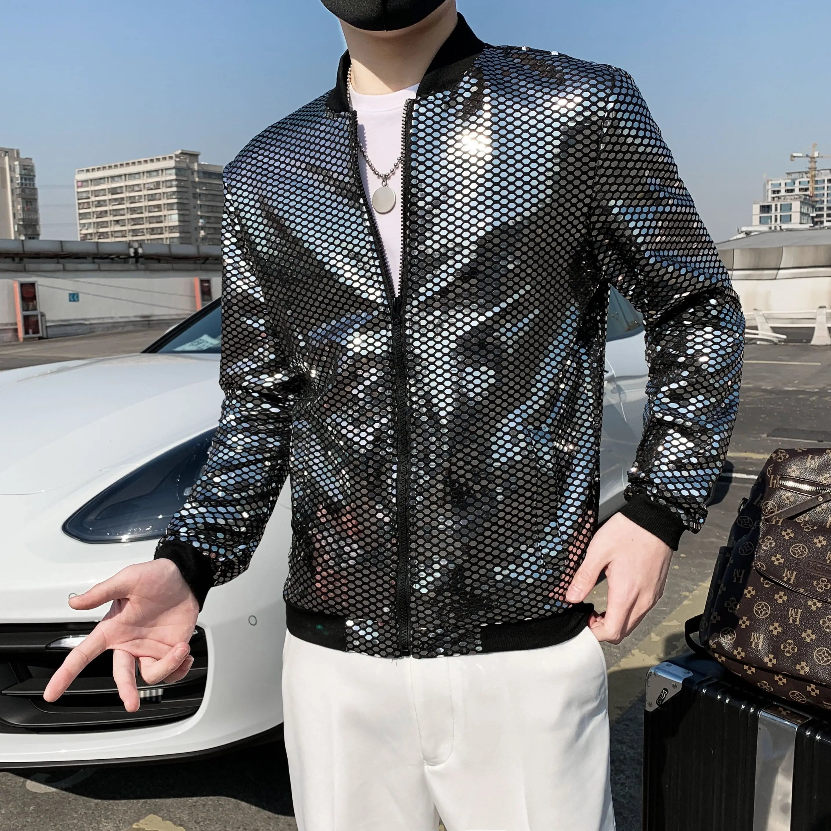 Showlu Fashion Store 0 A77 Silvery Sequined / M 45-55kg Jas Men's New Diamond Plaid Jackets Men Hip Hop Y2K Bombers Jacket Night Club Stage Streetwear Thin Coat Clothing Veste Homme