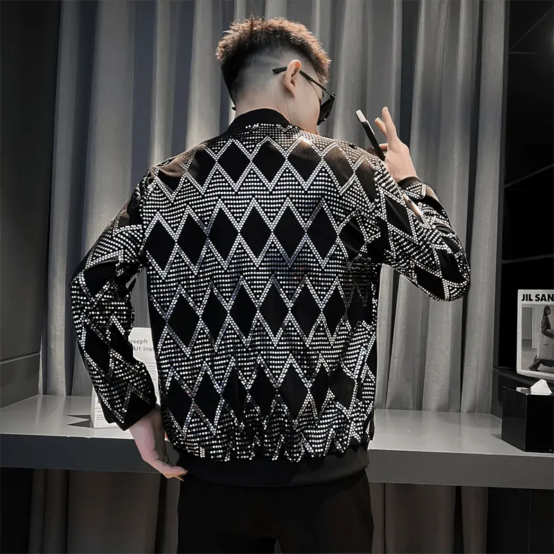 Showlu Fashion Store 0 Jas Men's New Diamond Plaid Jackets Men Hip Hop Y2K Bombers Jacket Night Club Stage Streetwear Thin Coat Clothing Veste Homme