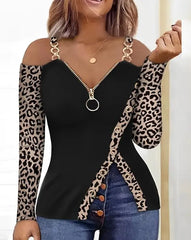 Showlu Fashion Store 0 G / S Leisure Summer New Product Women's Shirt 2023 Leopard Pattern Zipper Details Split Bottom Cold Shoulder Versatile Vintage Top