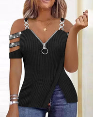 Showlu Fashion Store 0 H / S Leisure Summer New Product Women's Shirt 2023 Leopard Pattern Zipper Details Split Bottom Cold Shoulder Versatile Vintage Top