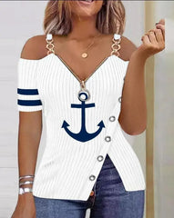 Showlu Fashion Store 0 C / S Leisure Summer New Product Women's Shirt 2023 Leopard Pattern Zipper Details Split Bottom Cold Shoulder Versatile Vintage Top