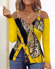 Showlu Fashion Store 0 E / S Leisure Summer New Product Women's Shirt 2023 Leopard Pattern Zipper Details Split Bottom Cold Shoulder Versatile Vintage Top
