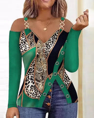 Showlu Fashion Store 0 D / XL Leisure Summer New Product Women's Shirt 2023 Leopard Pattern Zipper Details Split Bottom Cold Shoulder Versatile Vintage Top