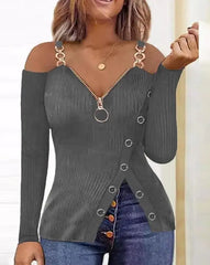 Showlu Fashion Store 0 F / S Leisure Summer New Product Women's Shirt 2023 Leopard Pattern Zipper Details Split Bottom Cold Shoulder Versatile Vintage Top